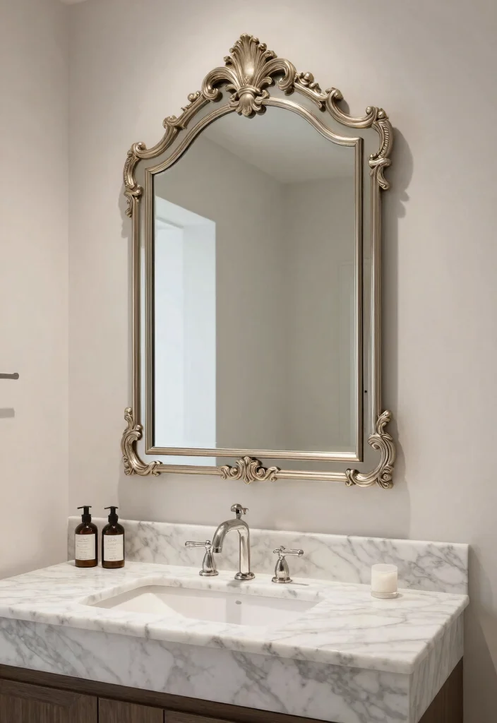 16 Marble Vanity Bathroom Ideas With Luxury Appeal - 14. Marble Vanity with Statement Mirrors 1