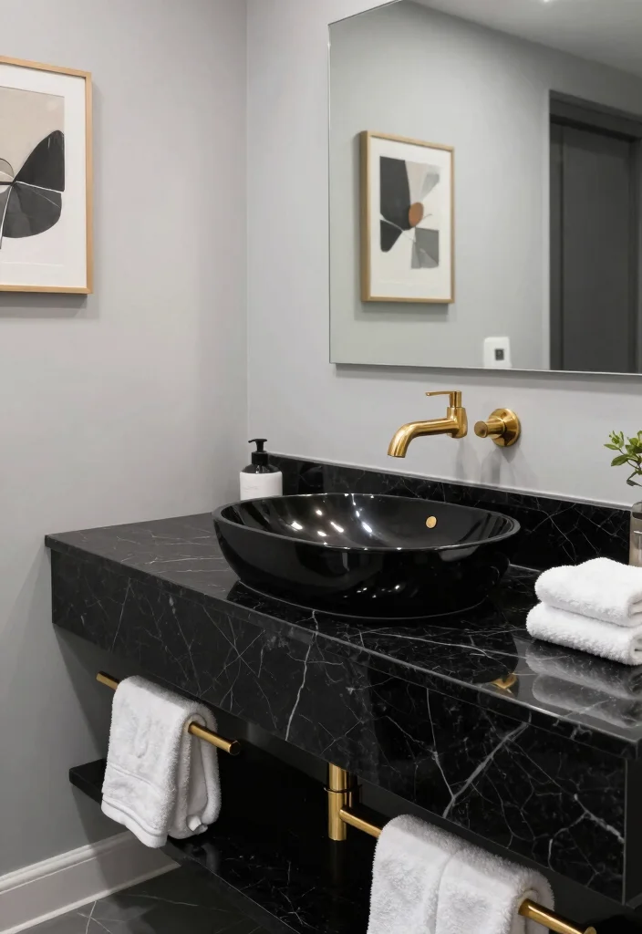 16 Marble Vanity Bathroom Ideas With Luxury Appeal - 2. Bold Black Marble Glam 1