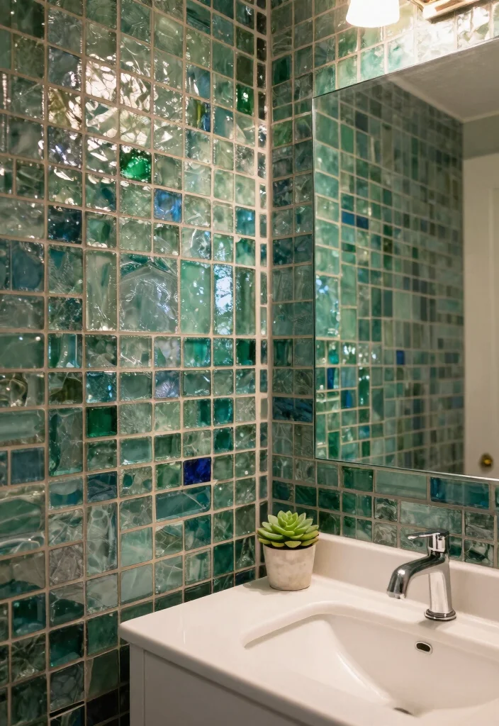 16 Mosaic Bathroom Ideas With Artistic Texture - 7. Recycled Glass Mosaic 1