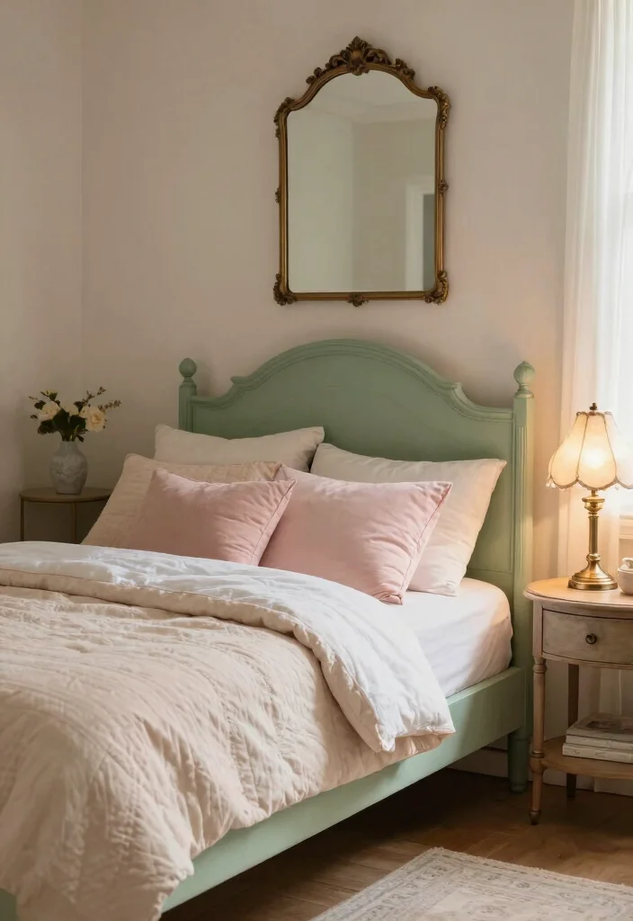 16 Pastel Green Bedroom Ideas: Soft Relaxing Vibes for Small Spaces - 10. Vintage Pastel Elements 1