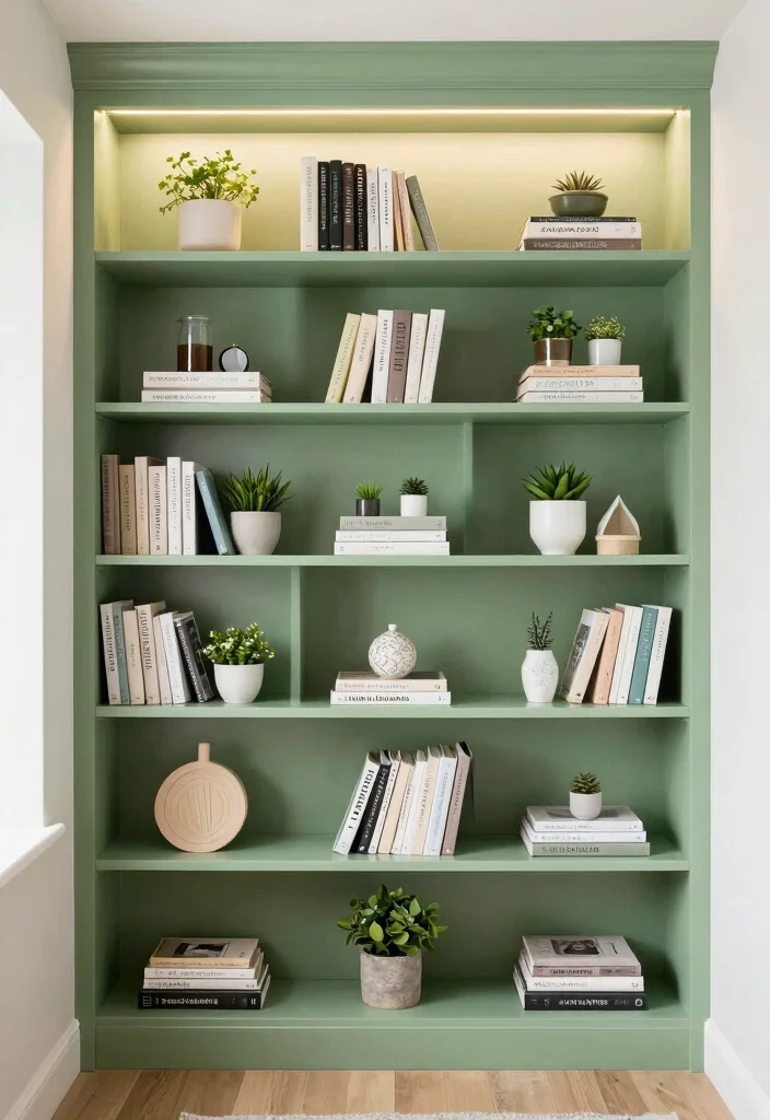 16 Pastel Green Bedroom Ideas: Soft Relaxing Vibes for Small Spaces - 12. Built-in Shelving with Green Accents 1