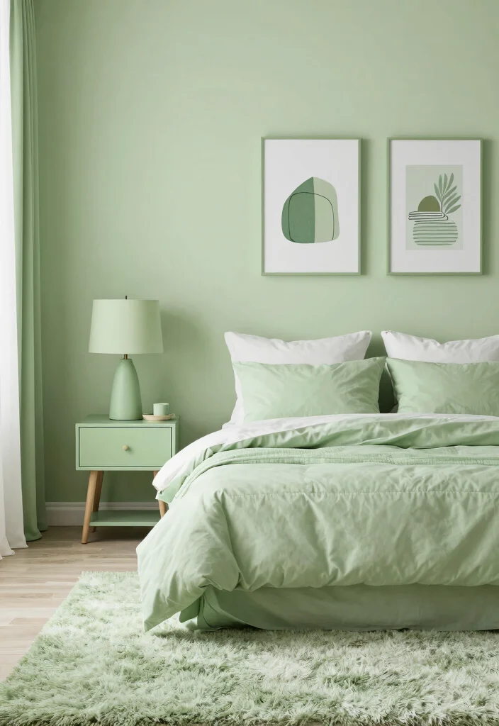 16 Pastel Green Bedroom Ideas: Soft Relaxing Vibes for Small Spaces - 15. Matching Green Decor 1