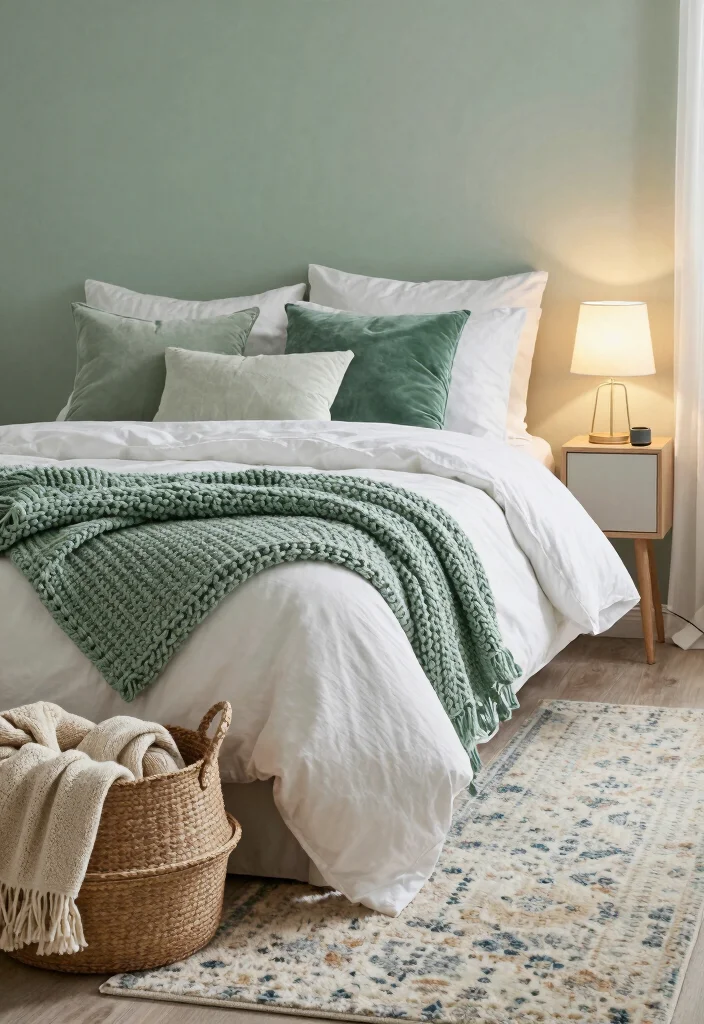 16 Pastel Green Bedroom Ideas: Soft Relaxing Vibes for Small Spaces - 2. Layered Textures for Cozy Vibes 1