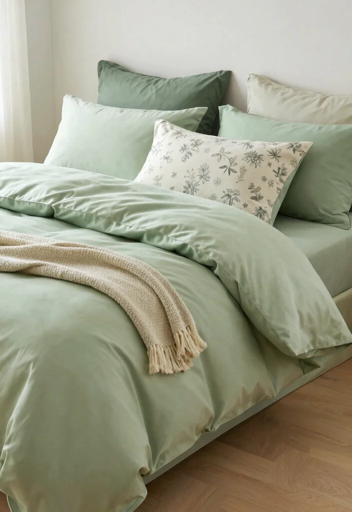 16 Pastel Green Bedroom Ideas: Soft Relaxing Vibes for Small Spaces - 5. Soft Green Bedding for Comfort 1