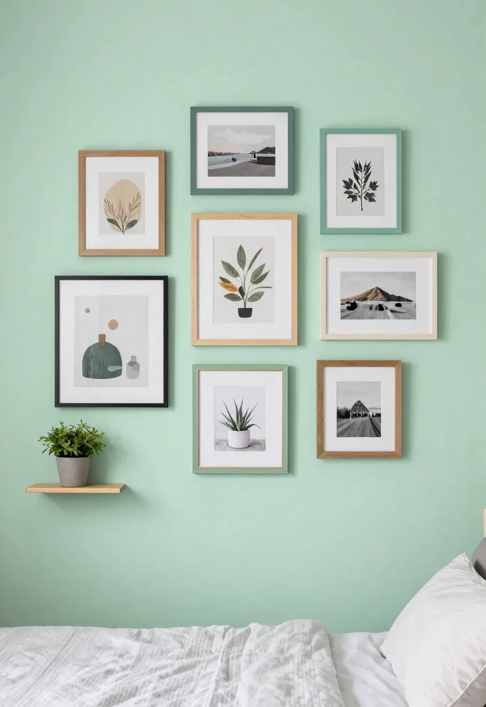 16 Pastel Green Bedroom Ideas: Soft Relaxing Vibes for Small Spaces - 6. Pastel Gallery Wall 1