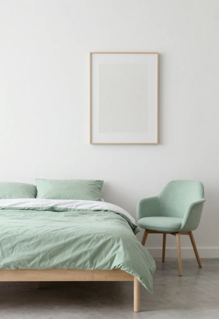 16 Pastel Green Bedroom Ideas: Soft Relaxing Vibes for Small Spaces - 7. Minimalist Approach with Green Accents 1