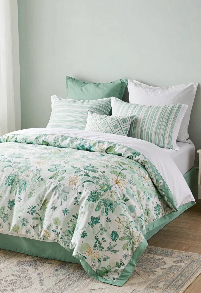 16 Pastel Green Bedroom Ideas: Soft Relaxing Vibes for Small Spaces - 9. Mixed Patterns with Green 1