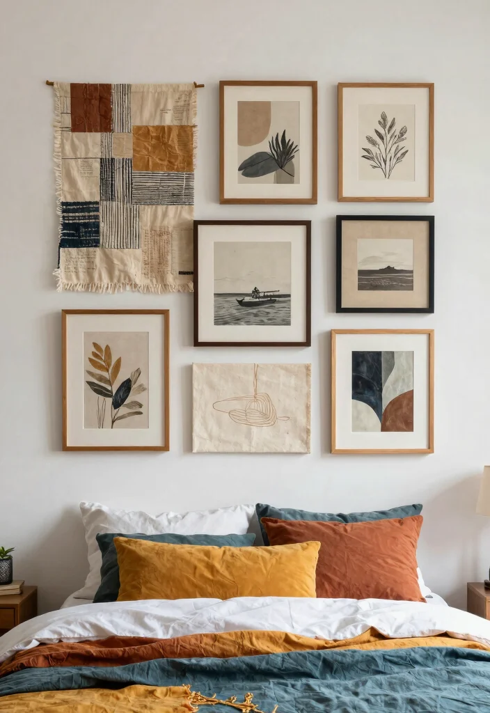 16 Poster Prints Wall Bedroom Ideas: Trendy Personal Decor - 15. Layered Textures: Combining Prints 1