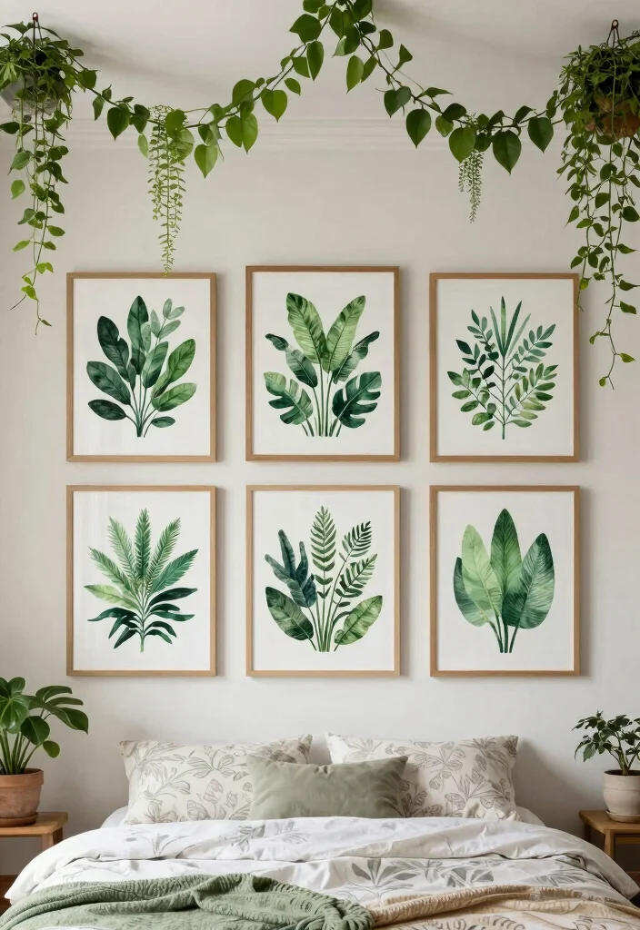 16 Vines on Ceiling Bedroom Ideas: Whimsical Natural Decor - 10. Botanical Prints and Vines 1