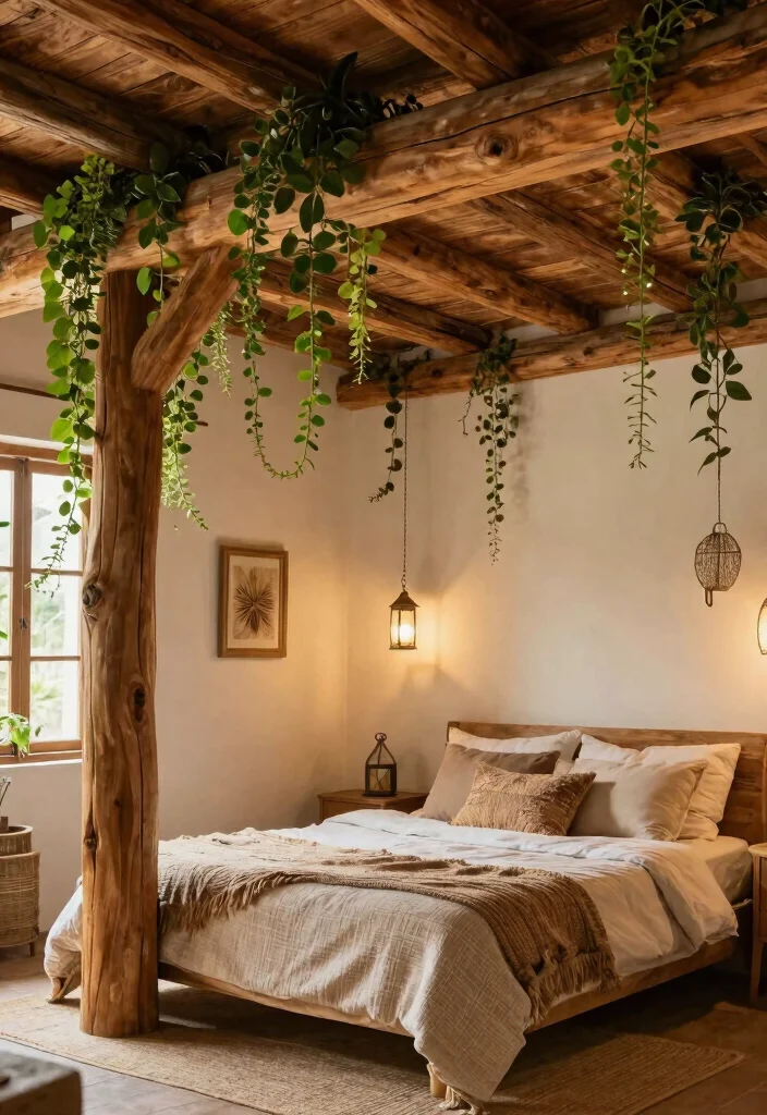 16 Vines on Ceiling Bedroom Ideas: Whimsical Natural Decor - 11. Rustic Wood Beams with Vines 1