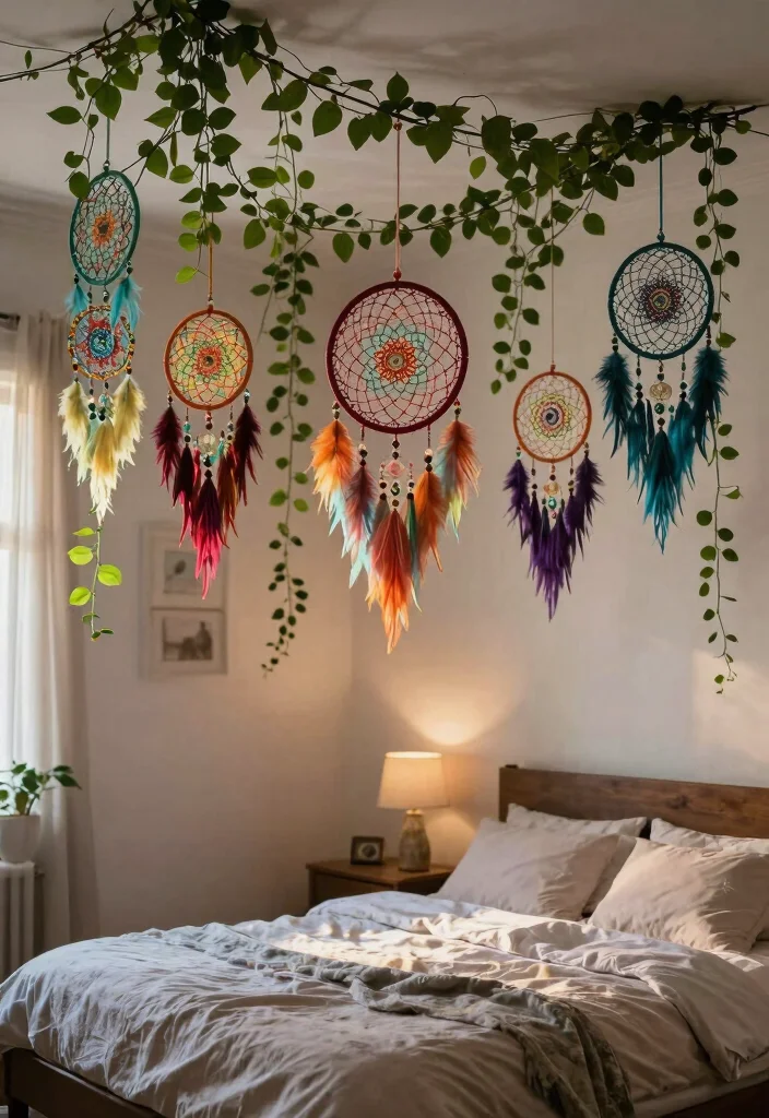 16 Vines on Ceiling Bedroom Ideas: Whimsical Natural Decor - 12. Ceiling Vines and Dreamcatchers 1