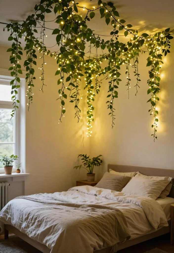 16 Vines on Ceiling Bedroom Ideas: Whimsical Natural Decor - 14. Ceiling Vines and Fairy Lights 1
