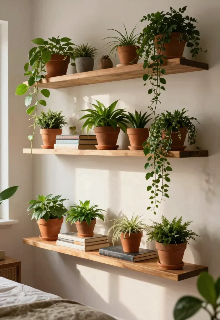 16 Vines on Ceiling Bedroom Ideas: Whimsical Natural Decor - 3. Floating Shelves and Vines 1