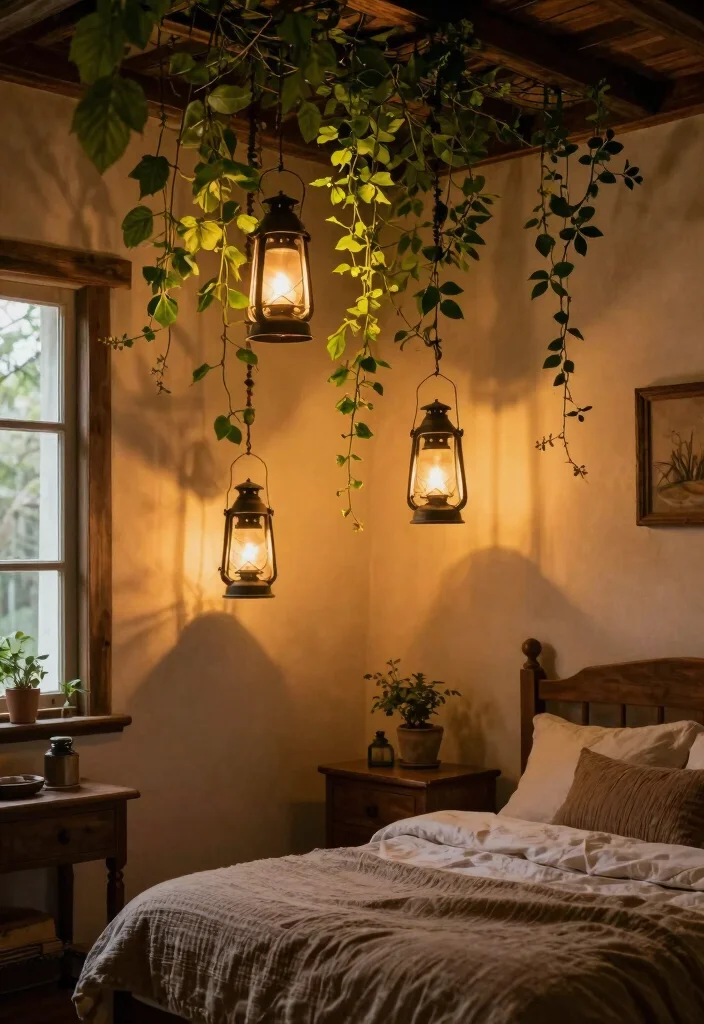 16 Vines on Ceiling Bedroom Ideas: Whimsical Natural Decor - 6. Vintage Lanterns and Vines 1