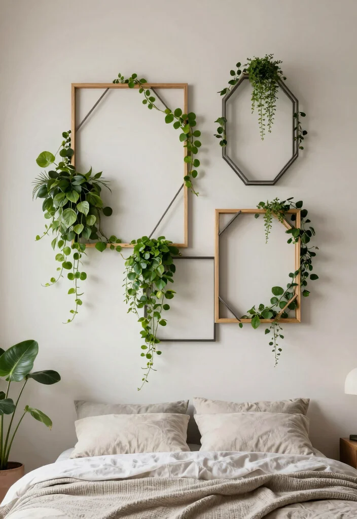 16 Vines on Ceiling Bedroom Ideas: Whimsical Natural Decor - 7. Geometric Frames with Greenery 1