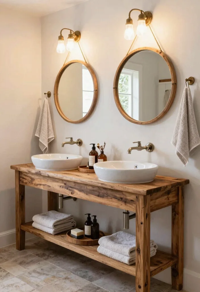 16 Wood Cabinet Bathroom Ideas With Natural Warmth - 1. Rustic Dual Sink Vanity 1