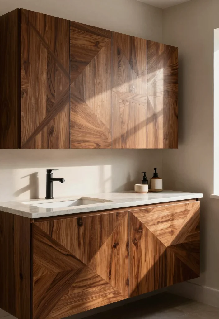 16 Wood Cabinet Bathroom Ideas With Natural Warmth - 11. Unique Geometric Designs 1