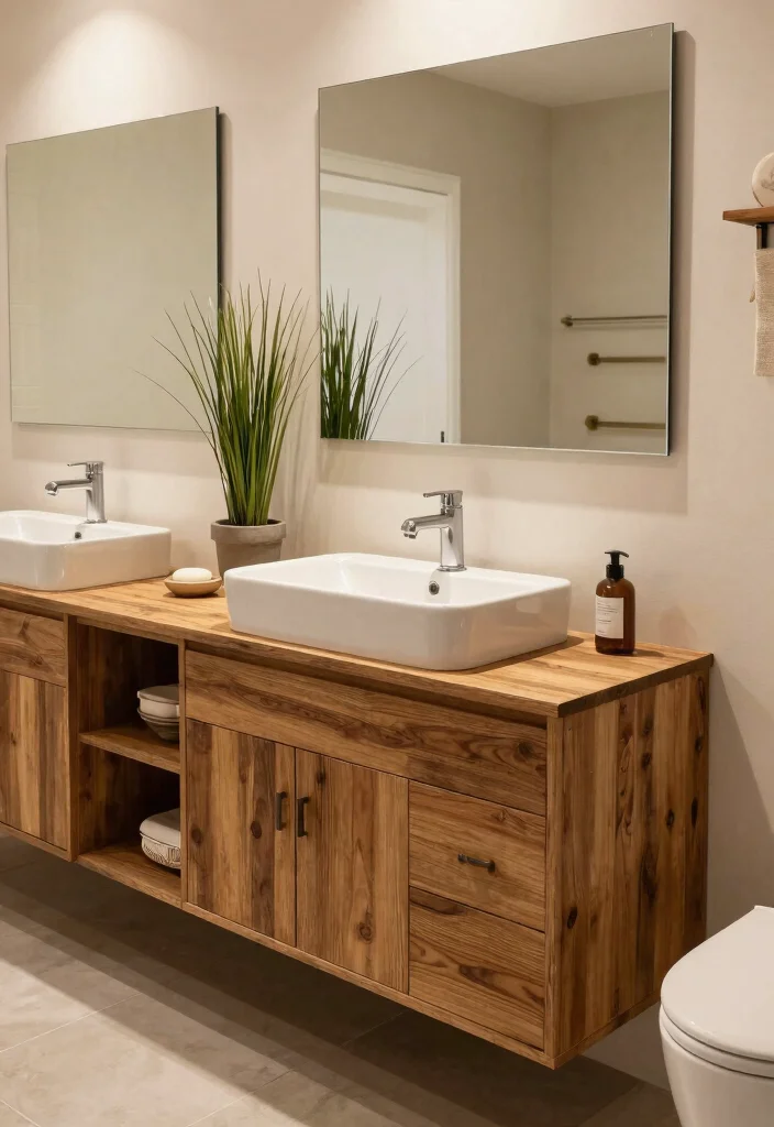 16 Wood Cabinet Bathroom Ideas With Natural Warmth - 12. Bathroom Trough Sinks with Wood Storage 1