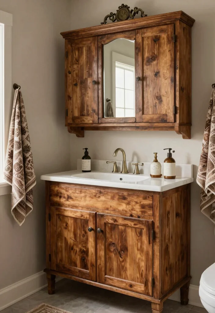 16 Wood Cabinet Bathroom Ideas With Natural Warmth - 14. Vintage Charm with Reclaimed Wood 1