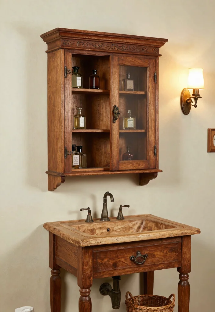 16 Wood Cabinet Bathroom Ideas With Natural Warmth - 3. Vintage Wood Medicine Cabinet 1