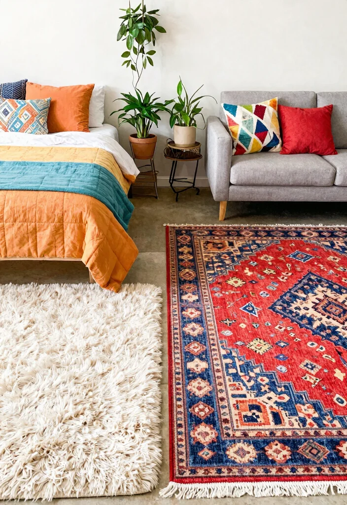 17 Bedroom With Living Room Ideas: Smart Open Layouts - 4. Creating Separate Zones with Rugs 1