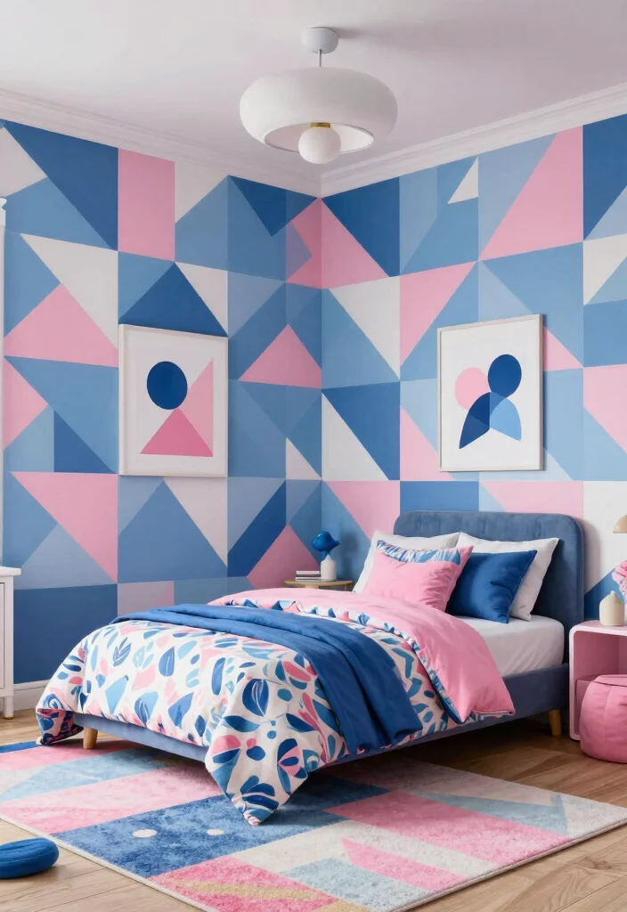 17 Blue and Pink Bedroom for Kids Ideas Fun Balanced Colors - 1. Bold Geometric Patterns 1