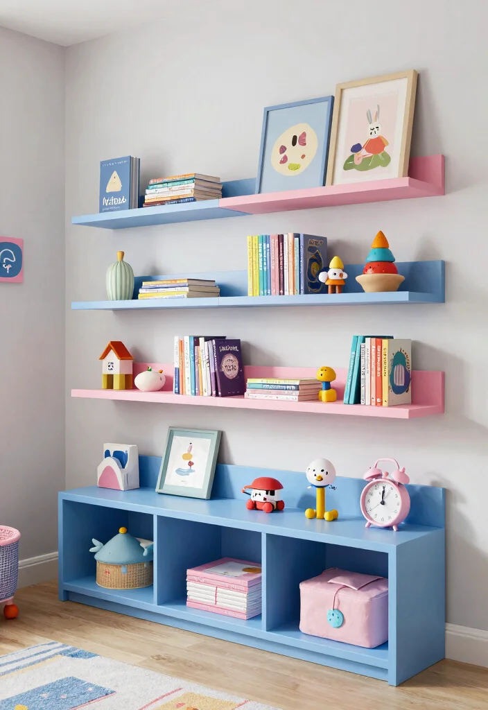 17 Blue and Pink Bedroom for Kids Ideas Fun Balanced Colors - 16. Creative Shelving Solutions 1