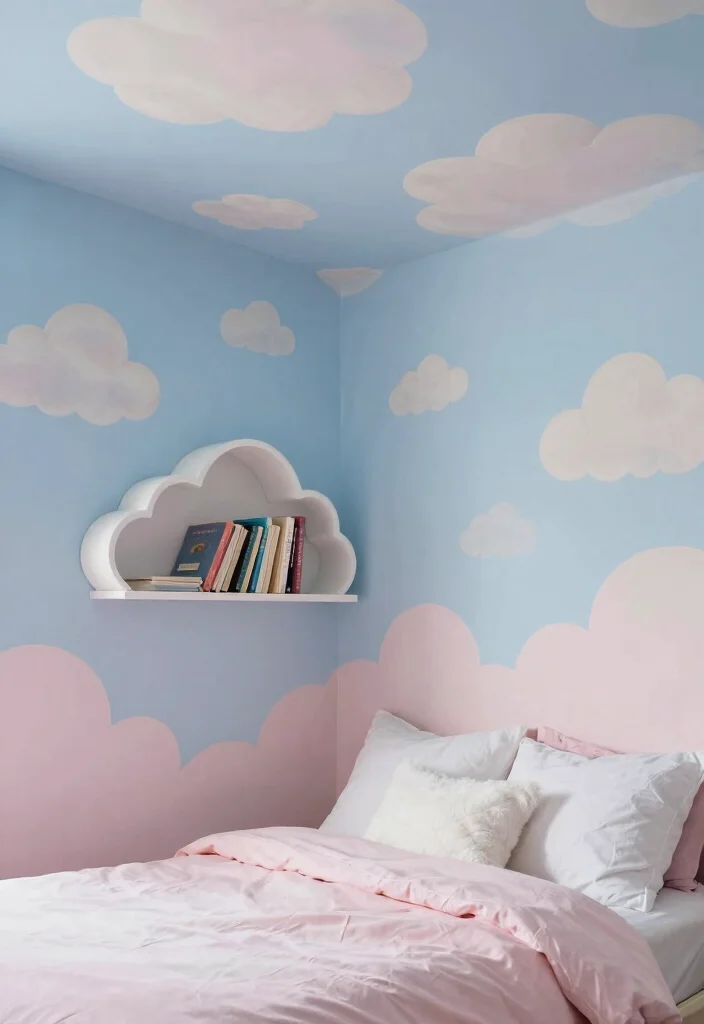 17 Blue and Pink Bedroom for Kids Ideas Fun Balanced Colors - 2. Whimsical Cloud Murals 1