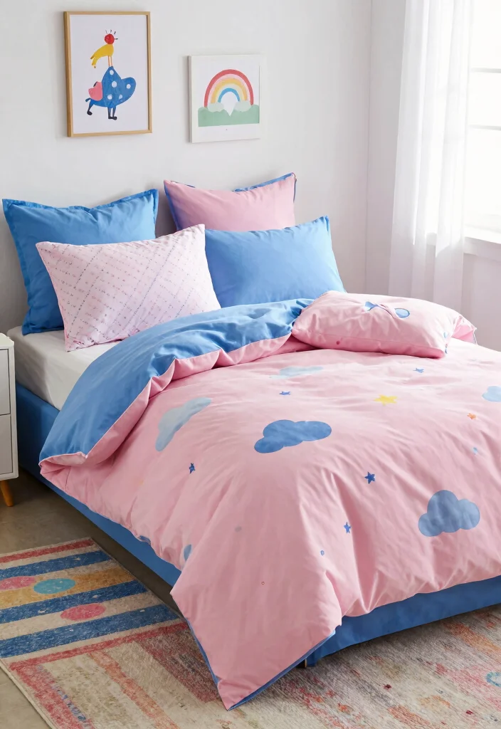 17 Blue and Pink Bedroom for Kids Ideas Fun Balanced Colors - 3. Playful Bedding Combinations 1