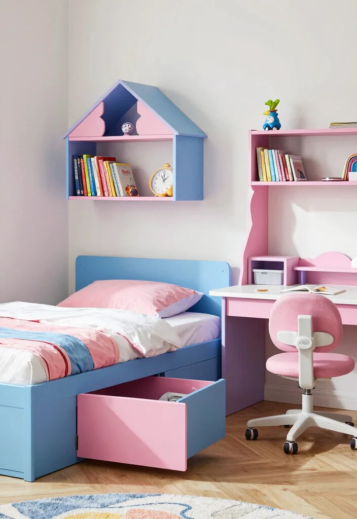 17 Blue and Pink Bedroom for Kids Ideas Fun Balanced Colors - 6. Functional Furniture 1
