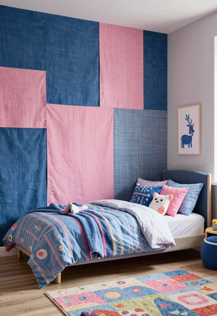 17 Blue and Pink Bedroom for Kids Ideas Fun Balanced Colors - 7. Accent Walls with Textiles 1