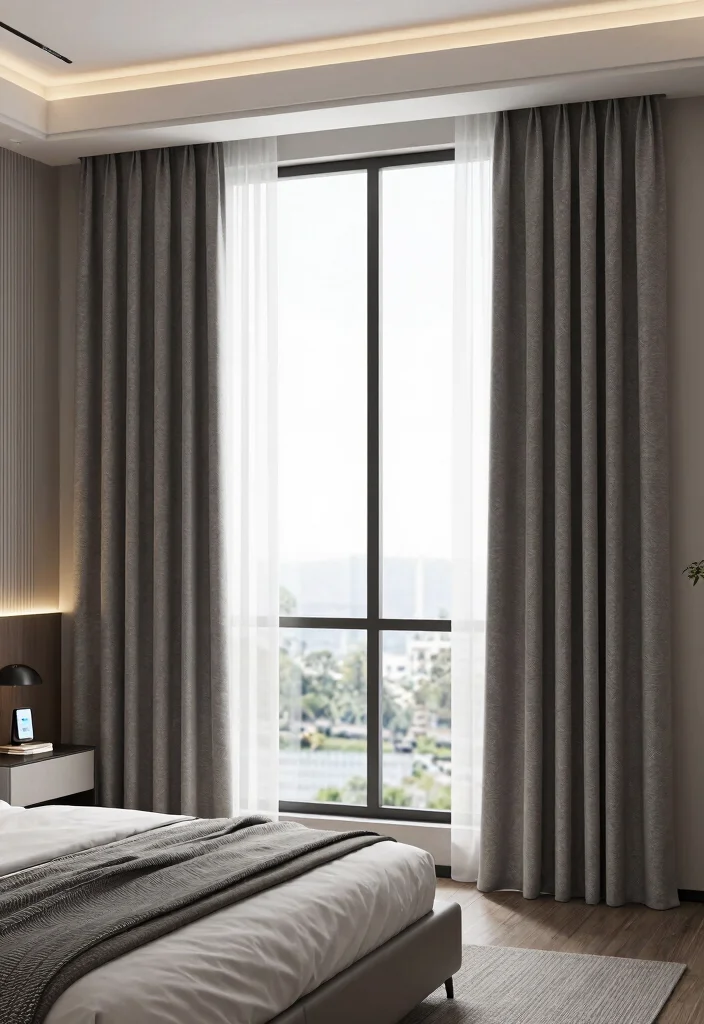 17 Full Wall Curtains Bedroom Ideas for Hotel-Like Elegance - 16. Smart Tech for Modern Convenience 1