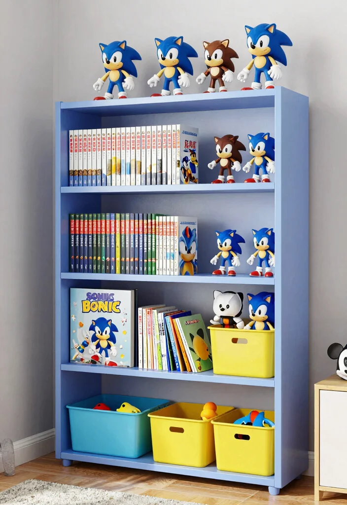 17 Sonic Bedroom Ideas to Create an Epic Gaming Retreat for Kids - 9. Sonic Themed Bookshelf to Organize 1