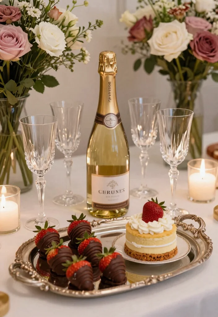 18 Bedroom Decoration for Wedding Night Ideas with a Romantic and Elegant Touch - 12. Champagne and Treats Station 1