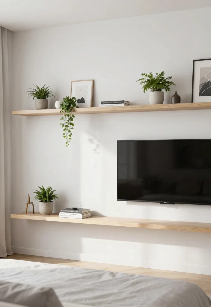 18 Bedroom Media Wall Ideas for Modern Functional Design - 1. Floating Shelves with Smart Storage 1