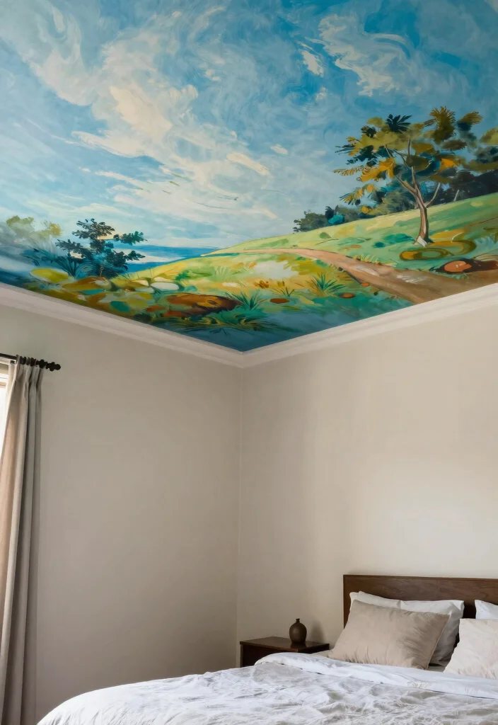 18 Ceiling Design Modern Bedroom Ideas: Sleek Architectural Style - 13. Artistic Ceiling Murals for a Unique Touch 1