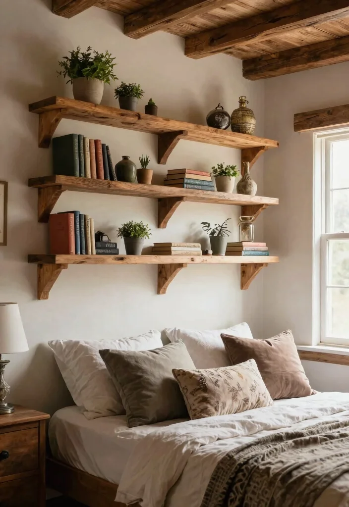12 Farmhouse Master Bed Ideas That Add Storage Without Clutter - 10. Open Shelving for Display and Storage 1
