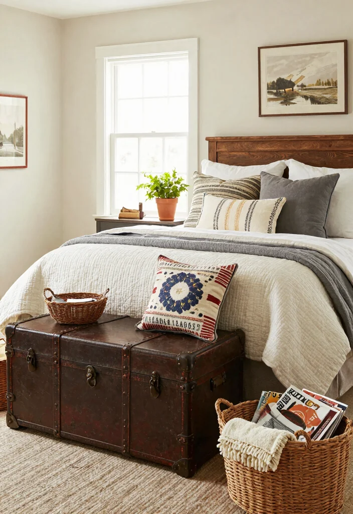 12 Farmhouse Master Bed Ideas That Add Storage Without Clutter - 7. Vintage Trunks and Baskets 1