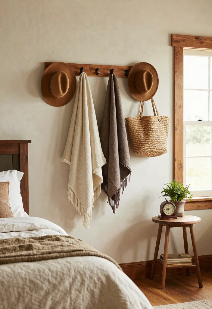 12 Farmhouse Master Bed Ideas That Add Storage Without Clutter - 9. Wall-Mounted Hooks and Racks 1