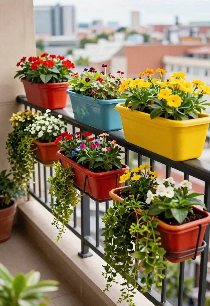 12 Modern Balcony Railing Design Ideas for Small Spaces - 6. Colorful Planters on Railings 1
