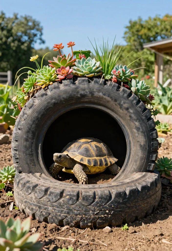 12 Outdoor Tortoise Enclosure Ideas That Prevent Escape and Predators - 2. Recycled Tire Tortoise Habitat 1