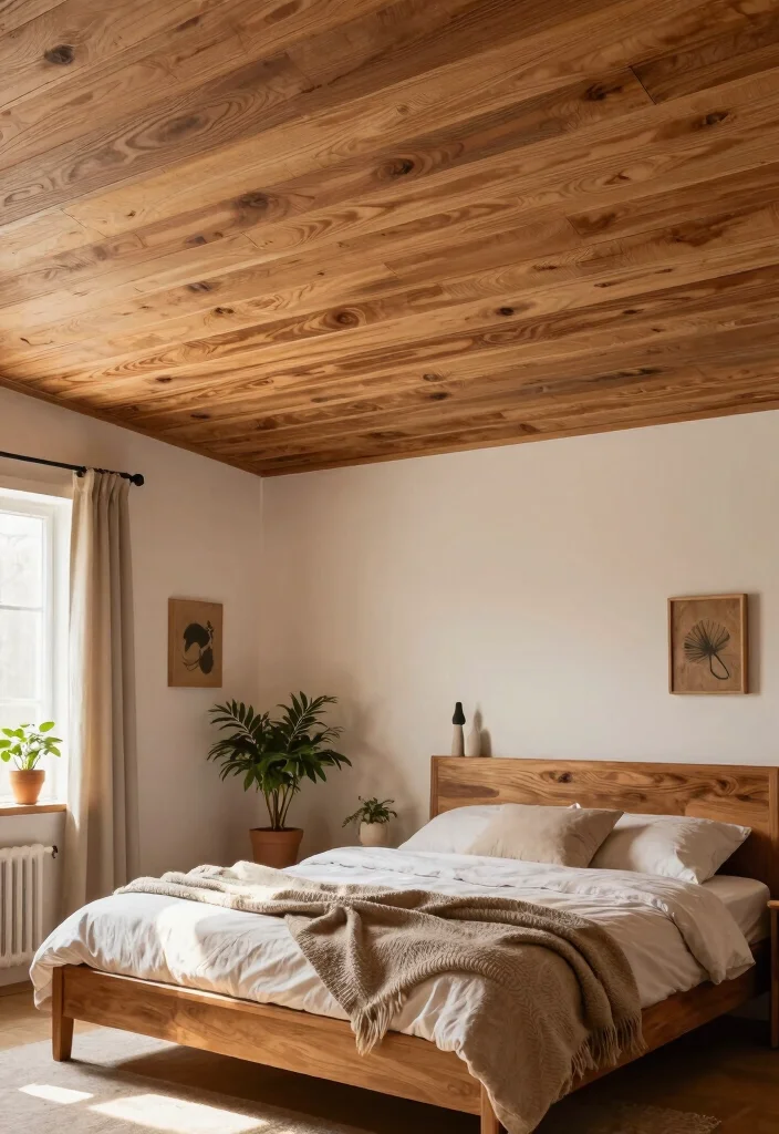 12 PVC Ceiling Panels Bedroom Ideas That Hide Water Stains - 1. Rustic Wood-Effect Panels 1