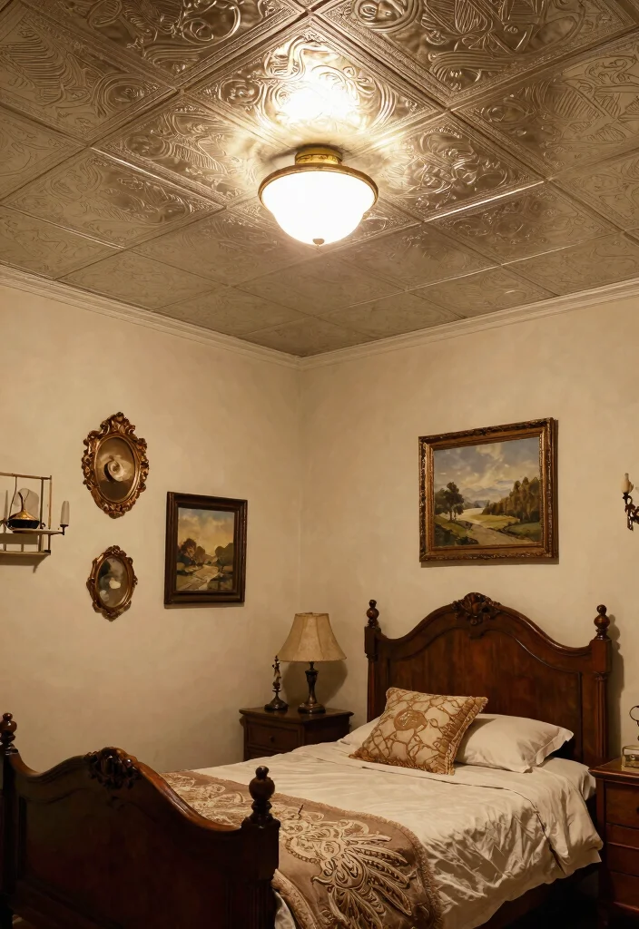 12 PVC Ceiling Panels Bedroom Ideas That Hide Water Stains - 7. Faux Tin Panels for Vintage Charm 1