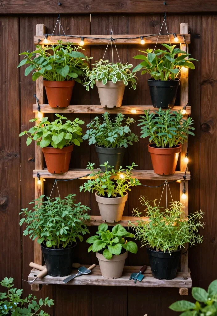 12 Patio Lights String Ideas Planter Combos That Hide Extension Cords - 1. Hanging Herb Garden with String Lights 1