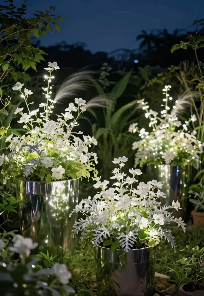 12 Patio Lights String Ideas Planter Combos That Hide Extension Cords - 6. Moonlight Garden with Reflective Planters 1