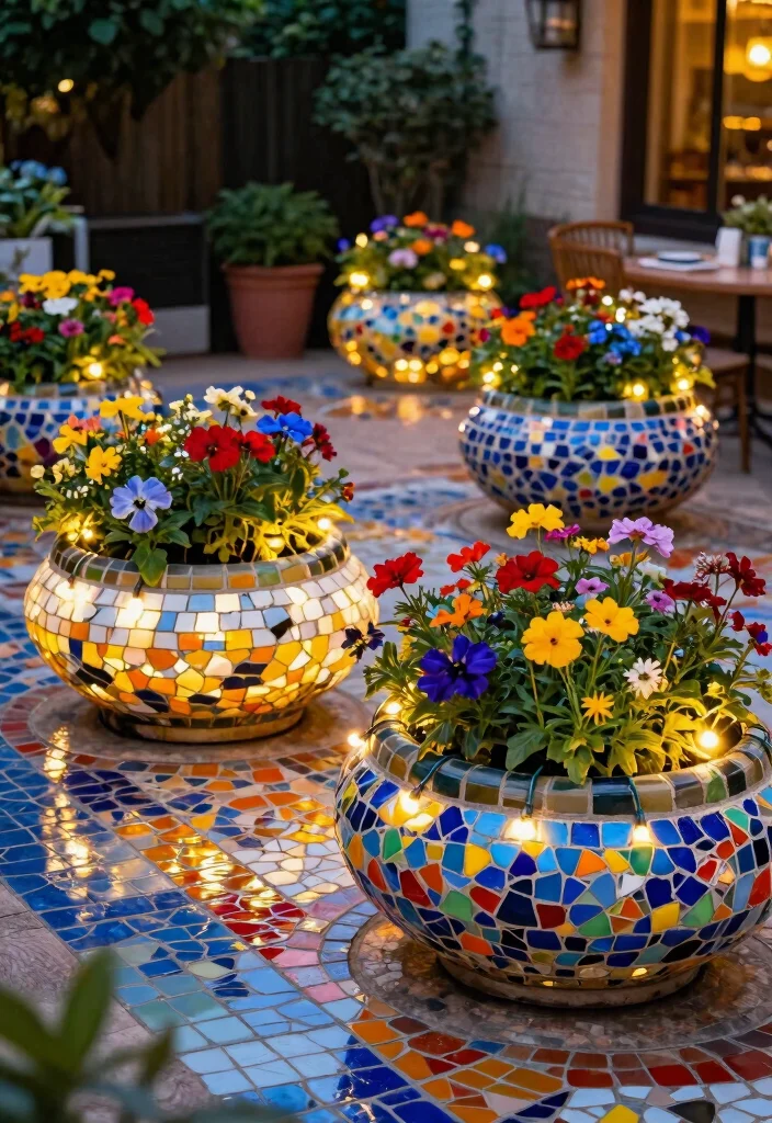 12 Patio Lights String Ideas Planter Combos That Hide Extension Cords - 8. Mosaic Planters with Colorful Lights 1