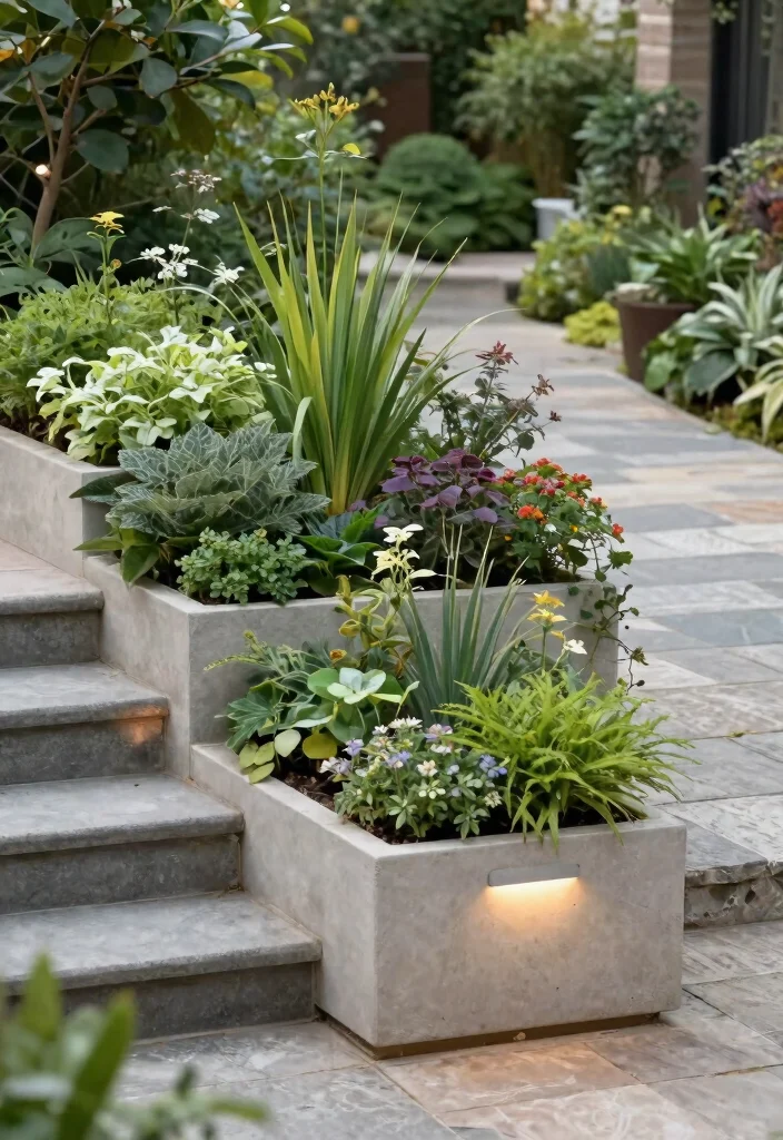 12 Patio Lights String Ideas Planter Combos That Hide Extension Cords - 9. Layered Planters with Step Lighting 1