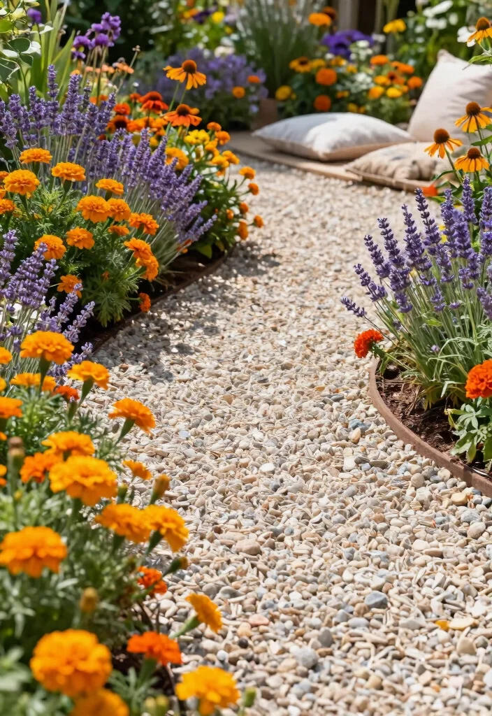 12 Pea Gravel Patio Ideas That Stay in Place Without Edging - 3. Colorful Flower Borders 1