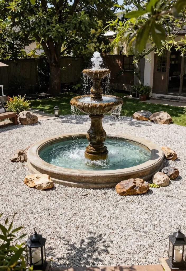 12 Pea Gravel Patio Ideas That Stay in Place Without Edging - 8. Statement Water Features 1