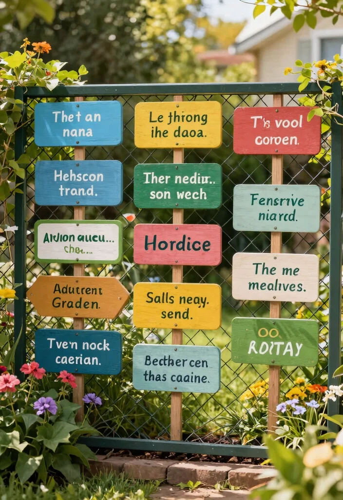 14 Chain Link Fence Ideas That Actually Look Good on a Budget - 12. Decorative Garden Signs 1